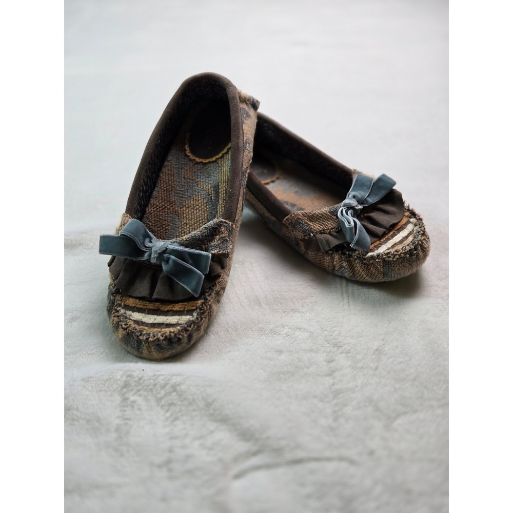 Kenzie Dulcy Brown Tapestry Fabric Ballet Flats Velvet Bow Ruffle Shoes 6.5 M